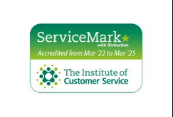 The Institute of Customer Service logo and Service Mark with Distinction for March 2022 to March 2025